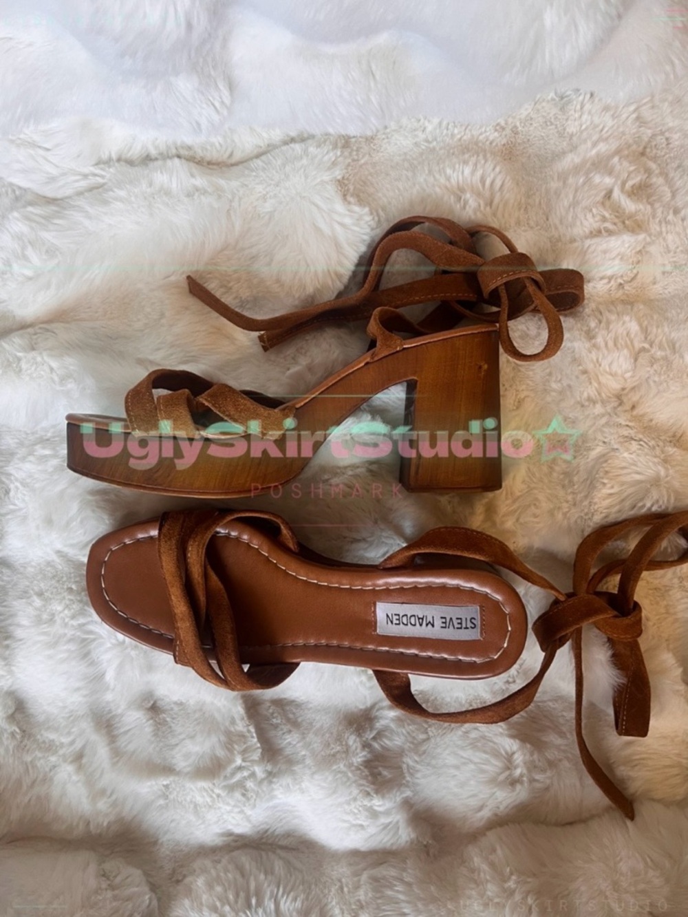 Steve Madden Rydley Cognac Suede Wooden Platform Heels Lace Up Sandals 70s Boho